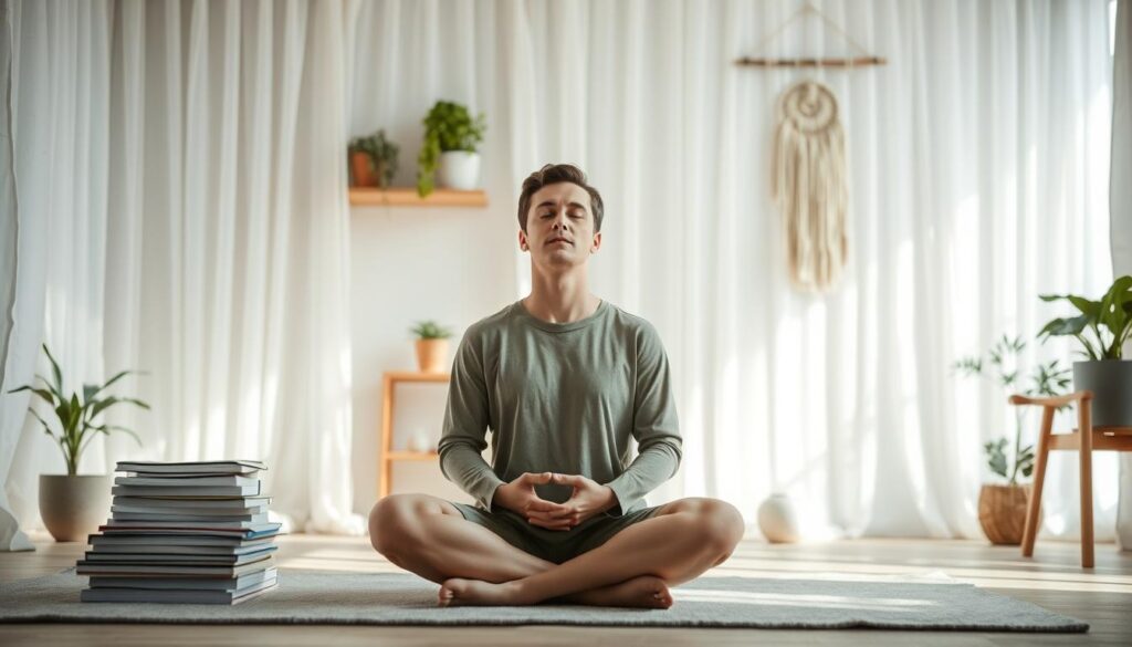 A tranquil meditation space, bathed in soft natural light filtering through gauzy curtains. In the foreground, a person sits cross-legged, eyes closed, hands resting gently on their lap, exuding a sense of inner peace and focus. The mid-ground features stacks of research journals and papers, representing the scientific exploration of meditation's effects on depression. The background blends calming natural elements, such as potted plants, a wooden shelf, and a minimalist wall hanging, creating an atmosphere of contemplation and inquiry.