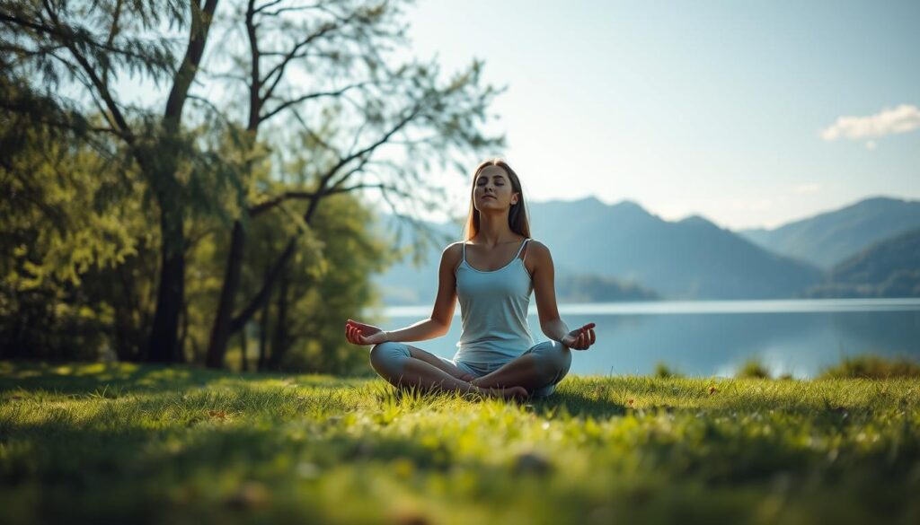 Calming meditation scene in a serene natural setting. A person sits cross-legged on a grassy meadow, their eyes closed in deep contemplation. Soft natural light filters through swaying trees, casting gentle shadows. The background features a tranquil lake reflecting the sky, with mountains rising in the distance. The overall mood is one of serenity, focus, and inner peace, conveying the benefits of regular meditation practice for anxiety management.