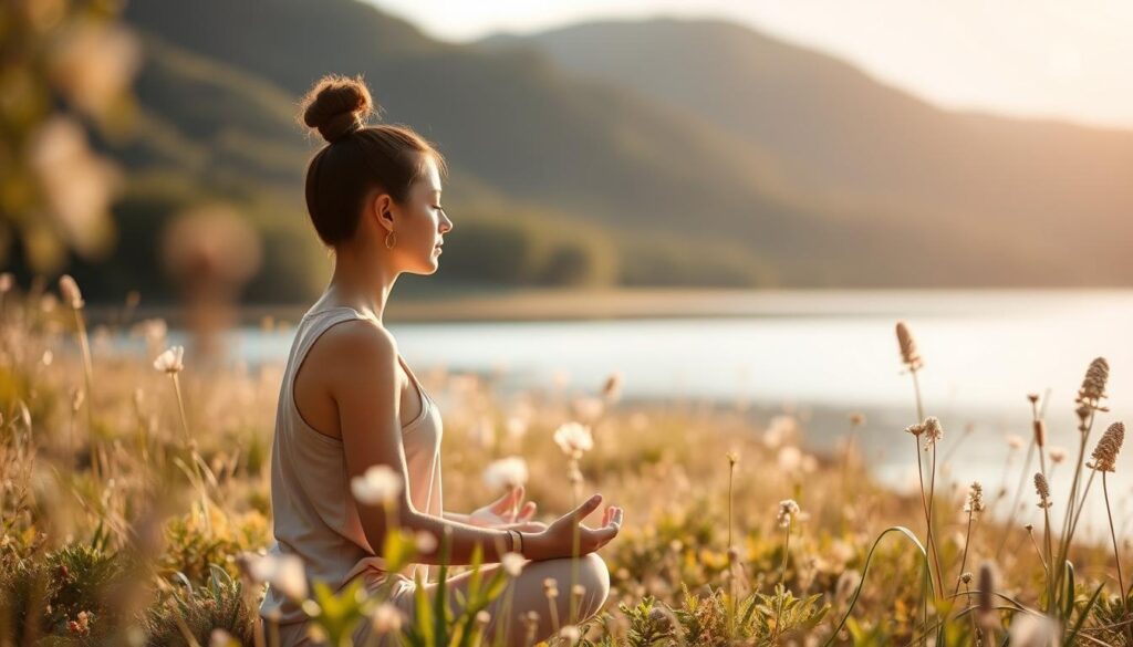 Generate an image of a person practicing mindfulness in a peaceful environment.
