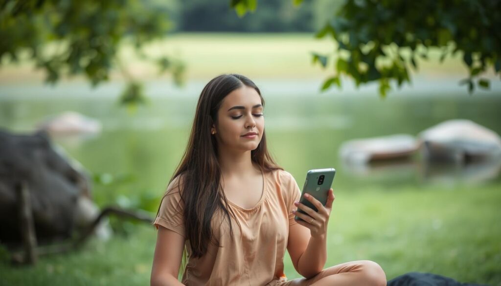 Image of a person meditating using a meditation app on their smartphone