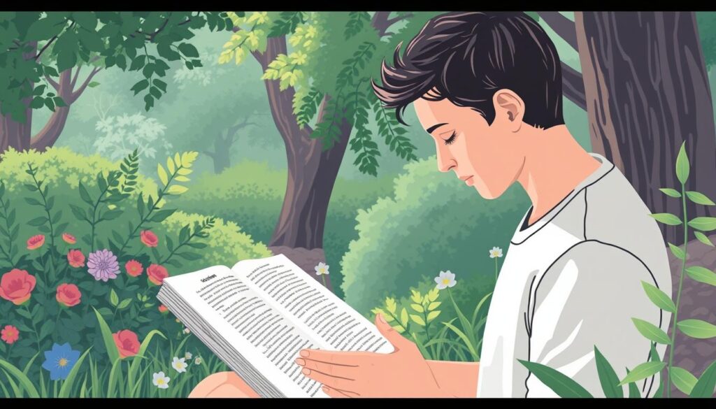Image of a person reading a meditation book in a peaceful environment