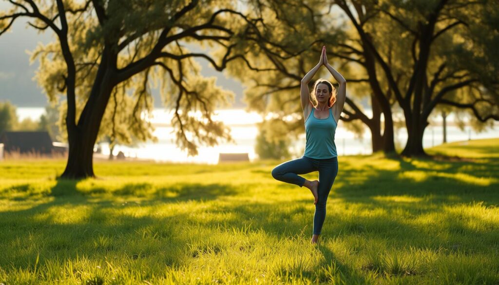 Mindful individual in a serene natural setting, bathed in warm natural light, performing a graceful yoga pose on a lush green meadow surrounded by swaying trees and a tranquil lake in the distance. The figure's movements are fluid and intentional, reflecting a deep sense of presence and inner peace. The overall atmosphere is calming and restorative, inviting the viewer to be present in the moment and find solace in the simple act of mindful movement.