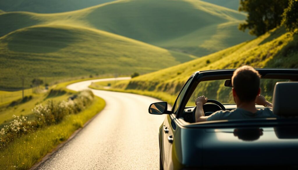 Serene country road winding through lush, verdant hills, bathed in soft, natural light. A single car navigates the peaceful path, its driver sitting upright, hands loosely gripping the steering wheel, eyes focused yet tranquil. The vehicle's movement is fluid, almost meditative, in harmony with the surrounding landscape. A sensation of calm, mindful presence permeates the scene, inviting the viewer to experience the transformative power of mindful driving, a sanctuary amidst the stresses of daily commutes.