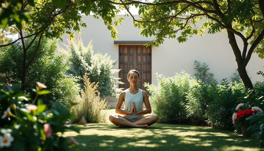 a calm, serene meditation garden with a single figure sitting cross-legged in the foreground, eyes closed in deep concentration. Lush foliage and flowers in soft, natural colors surround the meditator, creating a tranquil atmosphere. Dappled sunlight filters through the canopy, casting gentle shadows and highlights on the scene. The background features a simple, minimalist architectural element, such as a stone wall or wooden structure, to provide a sense of place without distracting from the central focus. The overall mood is one of peaceful introspection, inviting the viewer to pause and reflect on the challenges of establishing a consistent meditation practice.