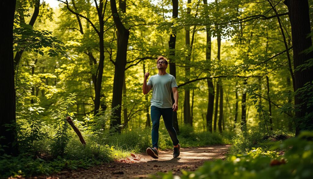 a peaceful individual walking slowly through a serene forest, surrounded by lush greenery and dappled sunlight filtering through the canopy above. They are mindfully placing each step, attention focused on their breath and the sensations of their body in motion. The atmosphere is calm and tranquil, with a sense of connection to the natural world. The camera angle is positioned slightly behind and to the side of the walker, capturing their journey from an unobtrusive perspective. Warm, diffused natural lighting illuminates the scene, creating a soft, inviting mood. The overall effect is one of contemplation, inner stillness, and a deep reverence for the present moment.