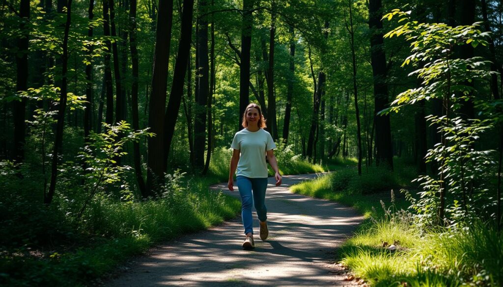 a peaceful person walking slowly through a lush, green forest, bathed in soft, natural light filtering through the canopy of trees. The person is present and aware, with a focused, yet relaxed expression, as they mindfully place each step, attuned to the sensations of their body and the surroundings. The path winds through the tranquil woodland, with sunbeams dancing across the ground, creating a serene and calming atmosphere. The overall scene conveys a sense of harmony, introspection, and a deeper connection to the natural world.