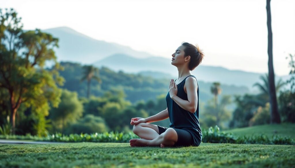a peaceful, serene scene of a person practicing breathing meditation in a tranquil, natural setting. The foreground depicts a person sitting cross-legged on the ground, their eyes closed and face relaxed, as they focus on their breath. The middle ground shows a lush, verdant landscape with soft, diffused natural lighting filtering through the trees. In the background, a calming, mist-shrouded mountain range rises up, creating a sense of depth and serenity. The overall atmosphere is one of calm, relaxation, and mindfulness, perfectly capturing the essence of a 5-minute breathing meditation for stress relief.
