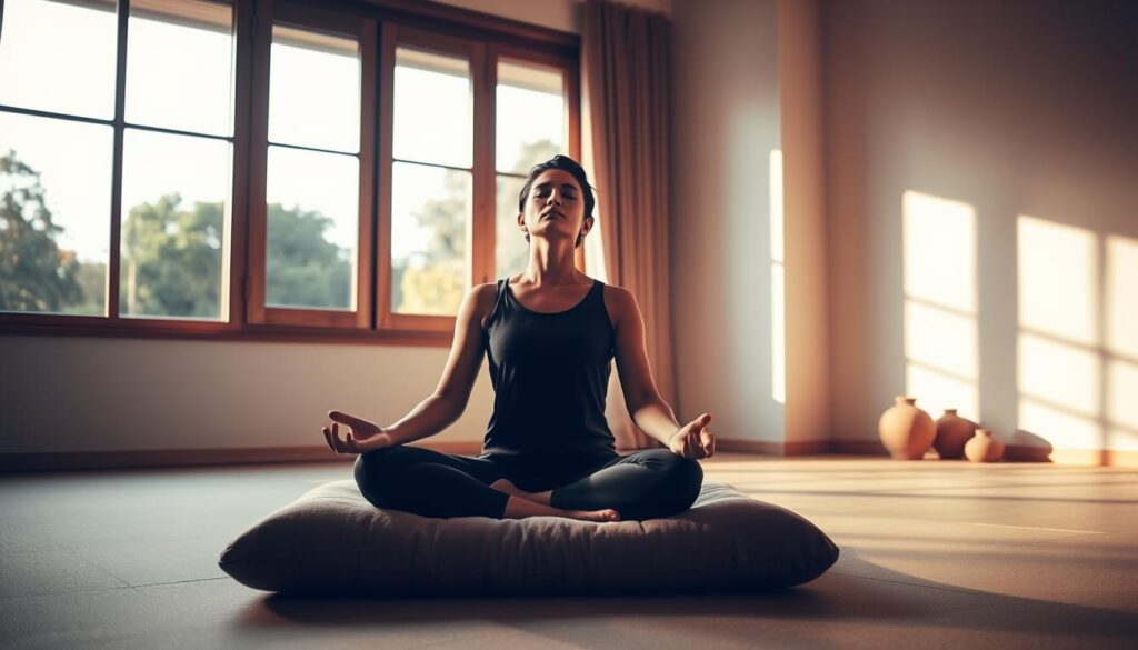 a serene meditation room with natural light streaming through large windows, overlooking a tranquil garden. a person is sitting cross-legged on a plush meditation cushion, their eyes closed in deep contemplation. the room is sparsely furnished, with minimalist decor and a clean, uncluttered aesthetic. soft, warm lighting illuminates the scene, creating a calming and introspective atmosphere. the person's posture is relaxed yet focused, conveying a sense of inner peace and heightened cognitive awareness. the overall composition evokes a sense of balance, harmony, and the restorative power of mindfulness.