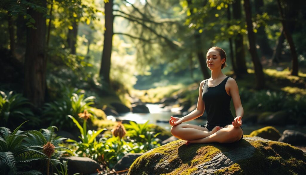 a serene, natural scene of a person meditating in a peaceful, sun-dappled forest clearing. The foreground features a person sitting cross-legged on a moss-covered rock, their eyes closed and face relaxed, hands resting gently on their lap. The middle ground includes lush, verdant foliage - ferns, flowering plants, and towering trees with dappled sunlight filtering through the canopy. The background showcases a tranquil stream or small pond, its waters glistening. The overall atmosphere is one of calm, focus, and mindfulness, with a soft, natural lighting that enhances the meditative mood.