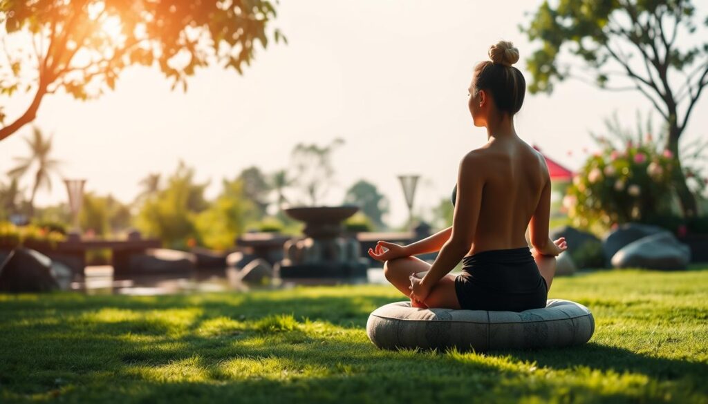a serene, natural scene of a person meditating in a peaceful, sunlit outdoor setting. The foreground features a person sitting in a cross-legged lotus position on a meditation cushion, eyes closed and hands resting gently on their lap, exuding a sense of tranquility and focus. The middle ground showcases a lush, verdant garden setting with a calming water feature, such as a small pond or fountain, surrounded by natural elements like flowers, trees, and rocks. The background depicts a calm, clear sky with soft, diffused natural lighting, creating a warm, inviting atmosphere. The overall scene conveys a profound sense of mindfulness, relaxation, and inner harmony, perfectly capturing the essence of "Preparing Your Body and Mind for Meditation".