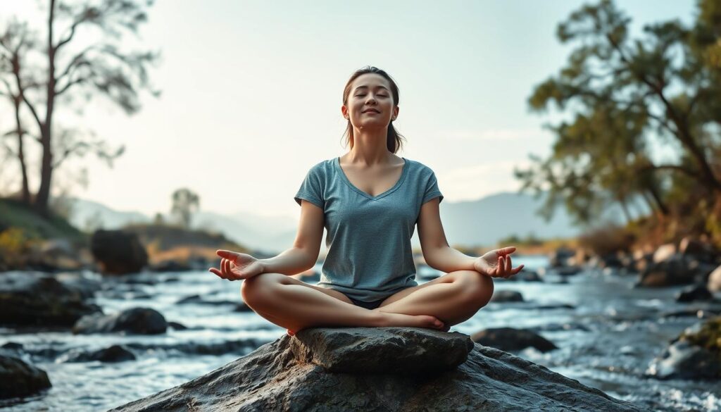 a serene, tranquil landscape with a person sitting in a meditative lotus position on a rock, surrounded by natural elements like trees, flowing water, and a clear sky. The lighting is soft and diffused, creating a calming, natural atmosphere. The person's expression is one of deep focus and inner peace, their face relaxed and their eyes closed as they find emotional balance and harmony within themselves. In the background, there is a sense of openness and connection to the natural world, evoking a feeling of grounding and spiritual awareness.