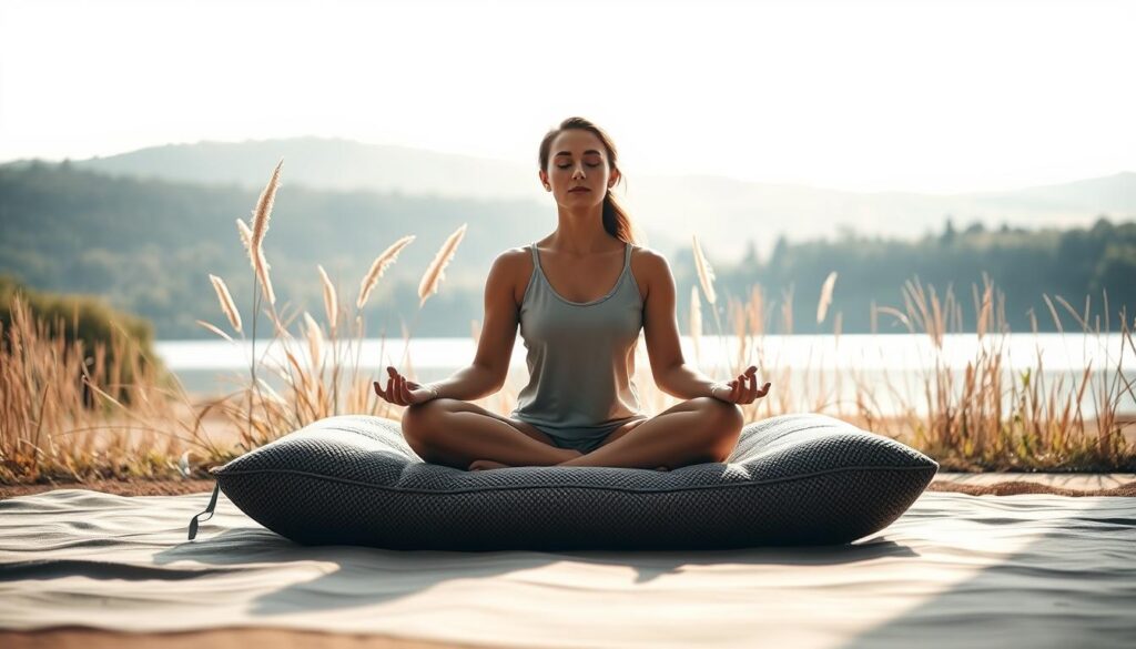 a tranquil, minimalist meditation scene in a serene natural setting, illuminated by soft, diffused natural light. in the foreground, a person sits cross-legged on a plush, textured meditation cushion, eyes closed and expression serene as they focus inward. the middle ground features gently swaying plants or tall grasses, creating a sense of calmness and simplicity. the background showcases a calming landscape, such as rolling hills, a still lake, or a lush forest, evoking a peaceful, contemplative atmosphere. the lighting is muted and warm, casting a soothing glow over the entire scene and enhancing the meditative mood.